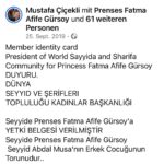 DÜNYA SEYYİD VE ŞERİFLERİ TOPLULUĞU KADINLAR BAŞKANLIĞI Seyyide Prenses Fatma Afife Gürsoy'a YETKİ BELGESİ VERİLMİŞTİR