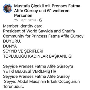DÜNYA SEYYİD VE ŞERİFLERİ TOPLULUĞU KADINLAR BAŞKANLIĞI Seyyide Prenses Fatma Afife Gürsoy'a YETKİ BELGESİ VERİLMİŞTİR