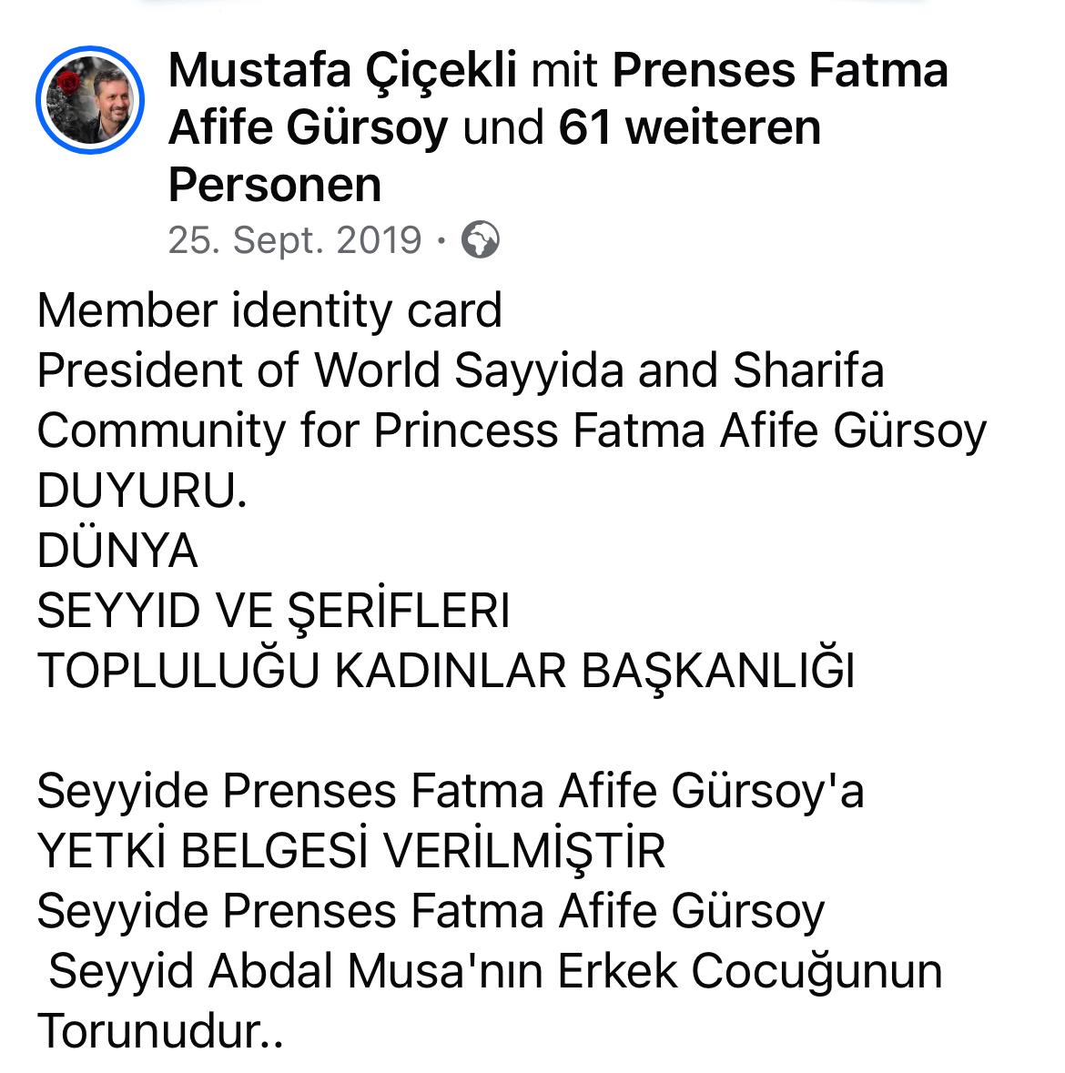 DÜNYA SEYYİD VE ŞERİFLERİ TOPLULUĞU KADINLAR BAŞKANLIĞI Seyyide Prenses Fatma Afife Gürsoy'a YETKİ BELGESİ VERİLMİŞTİR